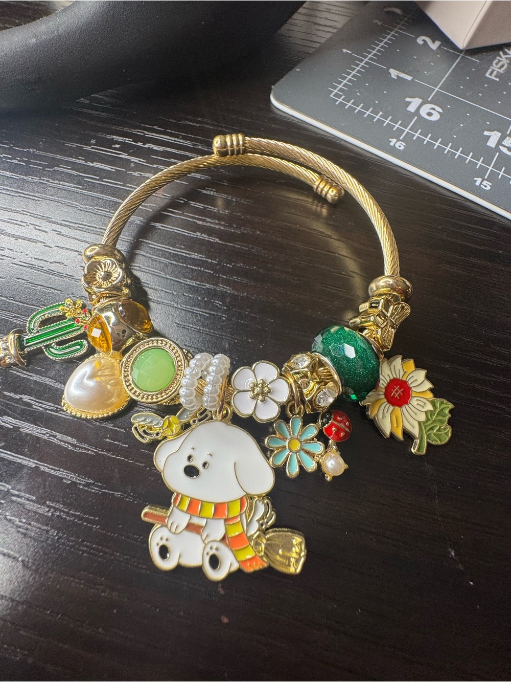 Gold-Tone Kids Charm Bangle Bracelet with White Puppy and Green Accents
